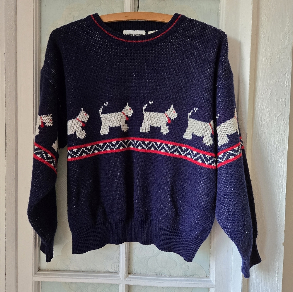 Entourage Navy Westie Dog Knit Sweater Vintage Fair Isle Pullover – Medium